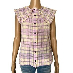Ganni NWT Seersucker Sleeveless Collared Button Down Blouse Orchid Bloom Size XS